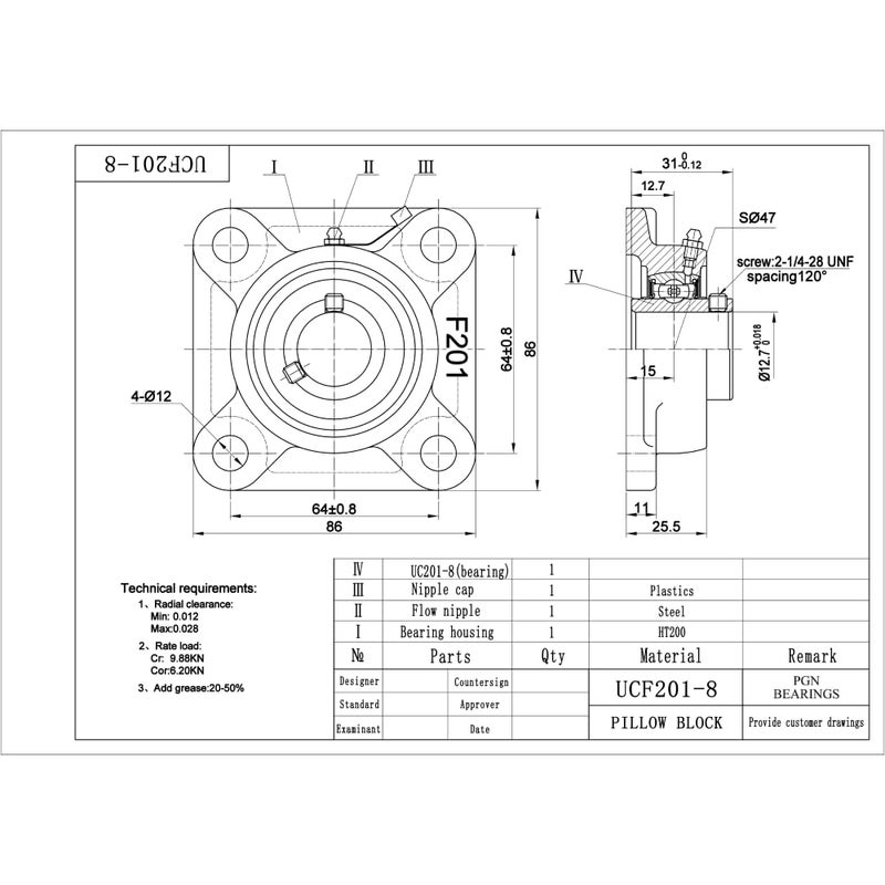 PGN Bearings محمل كتلة الوسادة PGN UCF201-8 - حزمة مكونة من 4 محامل كتلة وسادة مثبتة على شفة مربعة - محامل فولاذية من الكروم مع تجويف 1/2 بوصة - محاذاة ذاتية - Image 2
